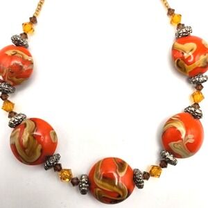 Handmade Orange Swirled Art Glass and Silvertone Clasp Glass Beaded Necklace